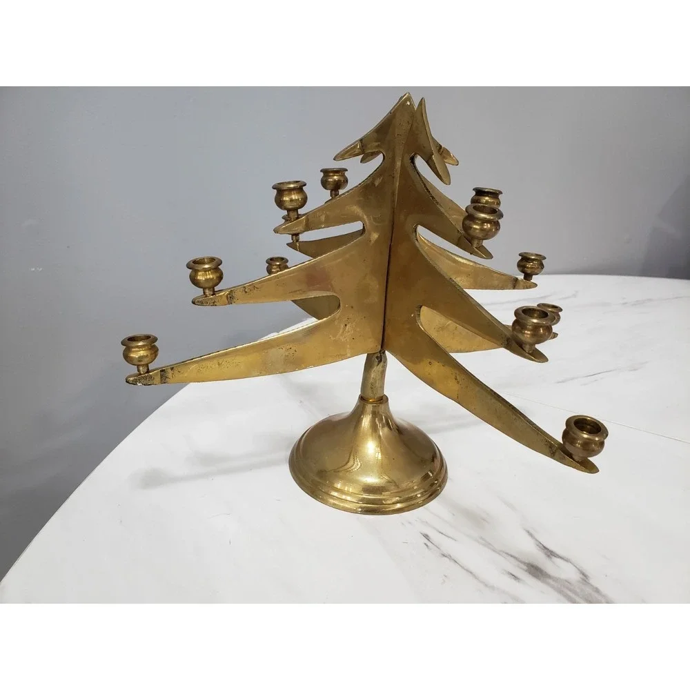 Vintage Brass Christmas Tree Candelabra Candleholder MCM Holiday 2 Piece‎